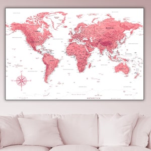 Afdrukbare roze wereldkaartposter - muurkunst thuiskantoor | Decoratie meisjeskamer | Digitale wereldkaart | Grote roze kaart voor poster of behang