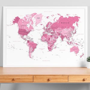 Poster carte du monde rose - carte d'art murale détaillée pour chambre de fille, cadeau de voyage | Impression élégante carte du monde pour chambre d'enfants, art mural carte imprimable