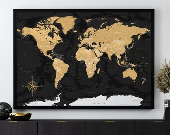 Mapa del mundo oscuro imprimible, impresión de mapas antiguos, mapa digital del mundo, descarga de mapa del mundo con países, póster de arte de pared oscuro grande, mapa de viaje