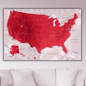 Rote USA Map Kunstdruck - Detaillierte US-Karte, Rotwein-Wand-Dekor (digitaler Download)