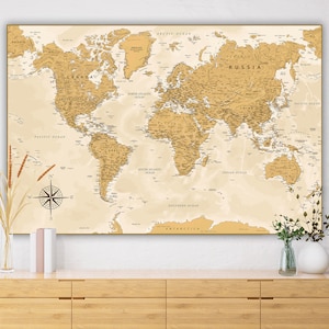 Weltkarte mit Ländern - Druckbare XXL Weltkarte, digitale neutrale Karte für Wandkunst, Poster, Tapete, Drucke, Gold beige Landkarte