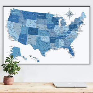 Karte der USA zum Ausdrucken - Blaue XL USA-Karte mit Bundesstaaten | USA-Karte digitaler Download, große Amerika-Karte Poster, USA-Karte Digitaldruck