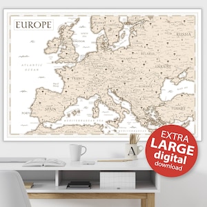 Carte de l'Europe vintage en téléchargement numérique - impression de carte européenne pastel, carte imprimable de l'Europe, art mural neutre, affiche de carte de voyage, carte de décoration murale
