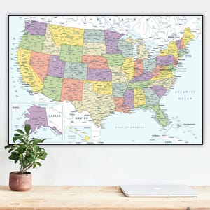 詳細なアメリカ地図プリント - カラフルなアメリカ地図ポスター、学校の壁アート（デジタルダウンロード）