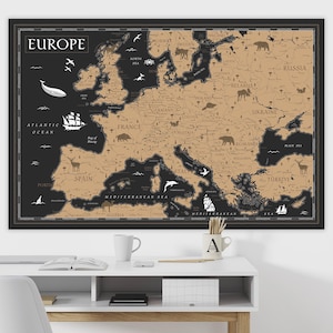 Druckbare Tiere Europa Karte Schwarz Gold Wandkunst, Vintage Europa Karte Druck, Karte von Europa Digital für Kinderzimmer, Europakarte mit Ländern