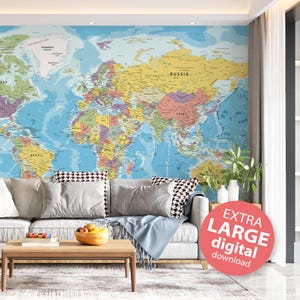 Highly Detailed Political Map of the World - Printable large Map poster in full colors | Digital print, wall art decor