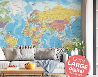 Highly Detailed Political Map of the World - Printable large Map poster in full colors | Digital print, wall art decor
