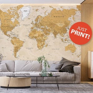 Carte du monde numérique en or et beige - Impression de voyage pour décoration d'intérieur, décoration murale de bureau | Parfait pour les affiches, les papiers peints, les impressions, la carte du monde