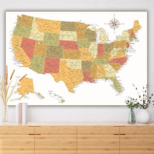 Póster detallado del mapa de Estados Unidos: arte mural en tonos cálidos (descarga digital)