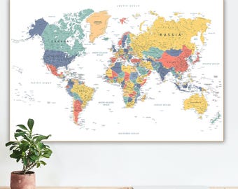 Highly Detailed Printable World Map in Soft Summer Colors - Map with Countries & Cities for wall art poster, print (Digital Download)