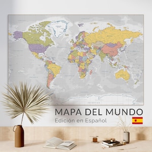 Mappa del mondo in spagnolo stampabile - Mappa decorativa da parete - Poster per l'aula di geografia da scaricare digitalmente