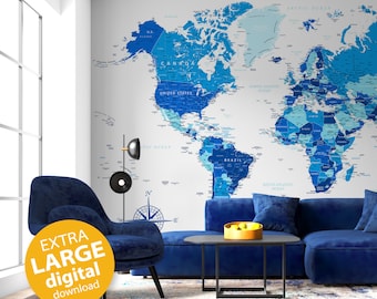 Modern Blue World Map Large Printable Map for Posters, Digital Download Wall Decor | Digital Map of the World Navy Blue Home School Wall Art