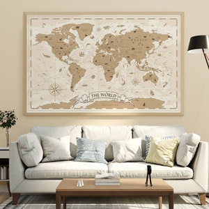 Digitale downloadprint vintage wereldkaart in neutrale bruinbeige kleuren | Afdrukbare wereldkaart | Extra grote wereldkaartposter, retro kaartafdruk