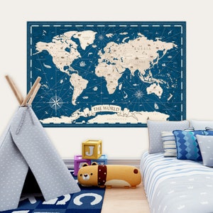 Póster imprimible de mapa del mundo azul marino - Decoración bohemia para habitación infantil, mapa de pared infantil (descarga digital)