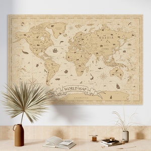 Afdrukbare vintage wereldkaart – antieke beige kaartposter, educatieve muurkunst (digitale download)