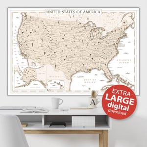 Neutral Map United States of America Digital Print - Instant Digital Download | USA Printable Map, US map wall decor, US digital map pastel