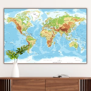 Digital Physical World Map - Highly Detailed World Map Printable Poster | Map of the World for teacher | Large Wall Travel Map Print