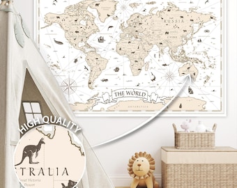 Kids World Map Printable Poster – Beige Nursery Wall Art with Animals (Digital Download)
