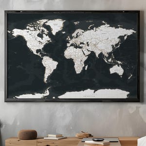 Gedetailleerde poster politieke wereldkaart – zwart-wit kunstkaart op grote muur (direct downloaden)