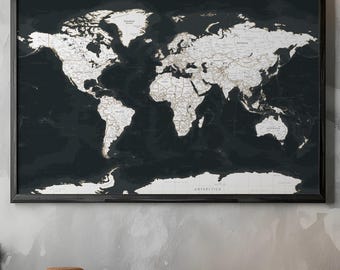 Póster detallado con mapa político mundial – Mapa mural grande en blanco y negro (Descarga instantánea)
