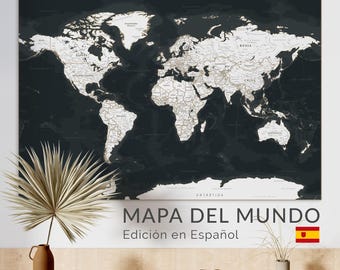 Detailed World Map in Spanish – Mapa del Mundo en Español | Printable Black & White Wall Art, Large Poster (Digital Download)