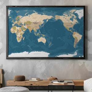 Pazifik zentrierte Weltkarte – Asien, Australien und Neuseeland | Vintage Kunst in neutralen Blau-Kupfer Farben (Digitaler Download)