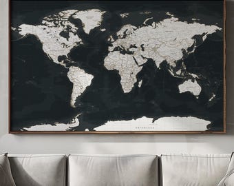 Póster de mapa del mundo en blanco y negro – Mapa político detallado estilo vintage (Descarga digital)