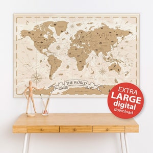 Mapa świata w stylu vintage, wydruk cyfrowy do pobrania w neutralnych beżowych kolorach | Mapa starożytnego świata do druku | Plakat w bardzo dużym formacie, wydruk mapy retro