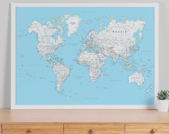 White and Blue World Map Printable Poster – Large Educational Wall Art Print (Digital Download)