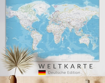 Detailed World Map German - Printable Blue & White Poster - Weltkarte Deutsch, Wall Art Digital Download
