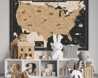 印刷可能なアメリカ地図 | 州名入りの白黒アメリカ壁アート | かわいい
