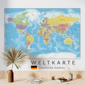 Gedetailleerde wereldkaart digitaal - Weltkarte Deutsch - Duitstalige kaartposter, afdrukbare educatieve muurkunst