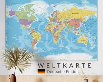 Detailed World Map Digital - Weltkarte Deutsch - German Language Map Poster, Educational Wall Art Printable