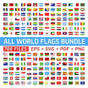 Peut inclure: Une collection de drapeaux du monde disposés en grille. Les drapeaux rectangulaires présentent diverses couleurs et motifs. Le texte en bas indique "ALL WORLD FLAGS BUNDLE" et "788 FILES: EPS + SVG + PDF + PNG".