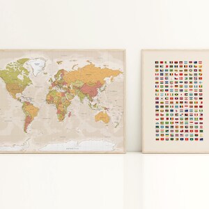 国旗付き世界地図印刷セット、教育用ウォールアート、ニュートラルベージュの世界地図、国と国旗のポスター、子供教室の装飾