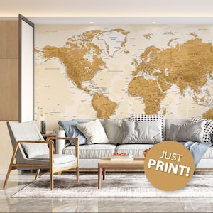 Mapa del mundo imprimible, póster de mapa beige dorado, impresión de mapa de viaje de pared grande, mapa político detallado, póster de mapa digital para decoración de pared de aula