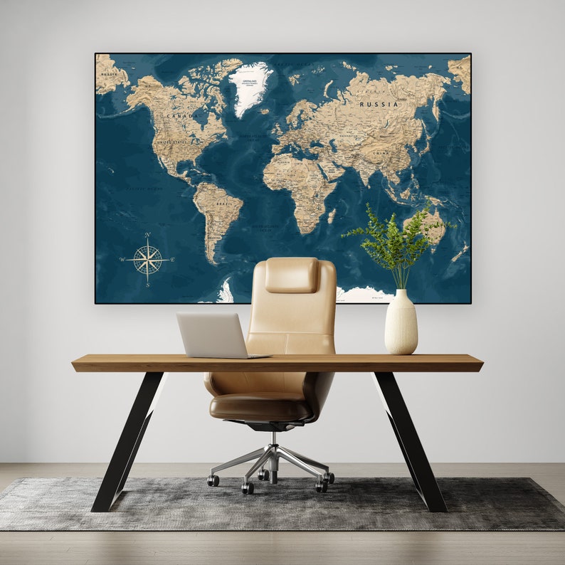 Highly detailed printable World Map poster in Blue, Gold colors, Downloadable large wall Map, Digital print World Map Vintage Political Map