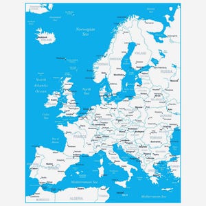 Digital Europe Map - Blue White Map of European Countries Printable Download | Map of Europe | Mapping countries, Europe map poster, print
