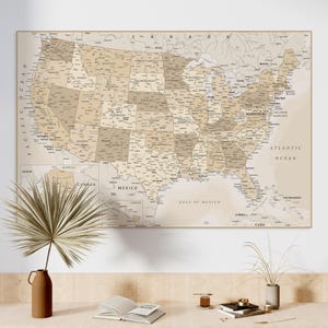 Große USA Karte Neutral Beige Druck - Digitale USA Karte Poster, US Karte Wandkunst, druckbare USA Karte, detaillierte Karte von Amerika
