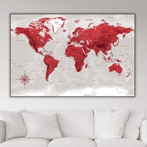 Weltkarte - Rote Weltkarte - Großes Poster zum selbst ausdrucken Moderne Weltkarte Rotwein Druck, hochauflösende digitale Karte mit Ländern Wandkunst