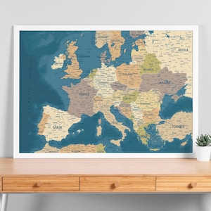 Hoch detaillierte Karte von Europa - Instant Download Große Karte Europa, Wand Kunst Karte, Druckbare Europakarte für Poster, Tapeten, Drucke