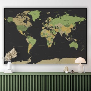Affiche imprimable détaillée de carte du monde noir vert | Carte du monde haute résolution pour poster, papier peint, impression | Art mural carte numérique du monde