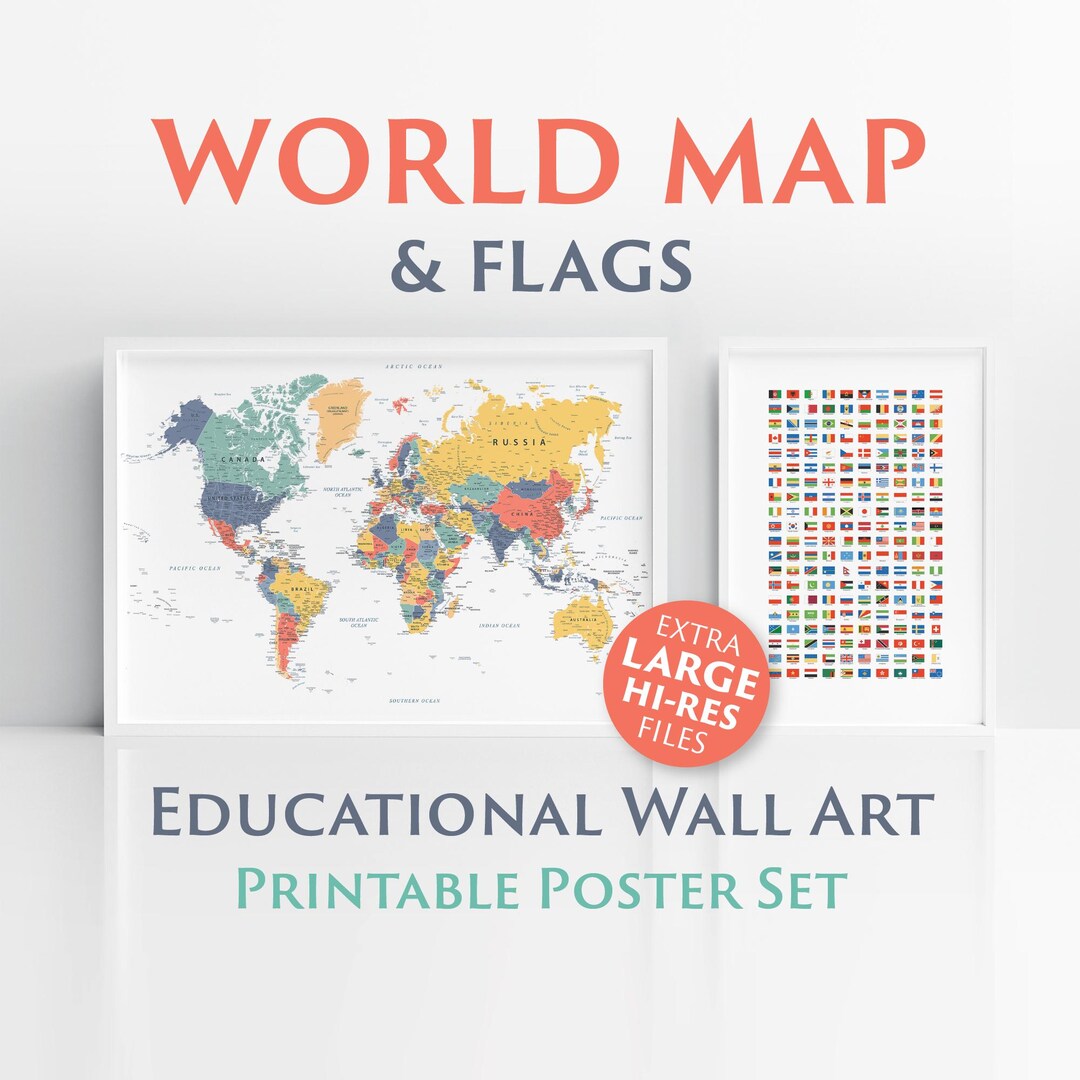 World Map With Flags Printable Set | Educational Wall Art for Kids ...