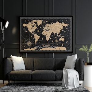 Druckbare Vintage Weltkarte in den Farben Schwarz und Gold – handgefertigte Landkarte im Antik-Stil – rustikale Wandkunst für Zuhause oder Büro