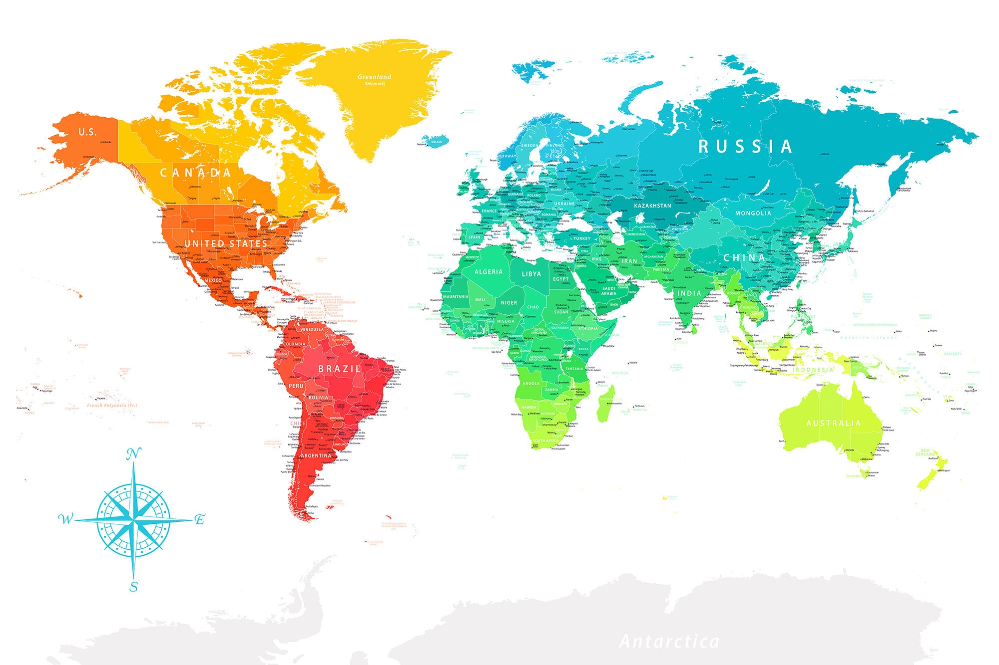 Printable World Map. High Resolution Map. Digital Map of the World. Colorful Wall Decor, Travel