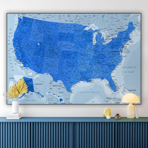 Mapa azul de EE. UU. - Mapa detallado de Estados Unidos Póster digital / Mapa educativo de Estados Unidos imprimible / Impresión de mapa de EE. UU. / Decoración de habitación infantil América
