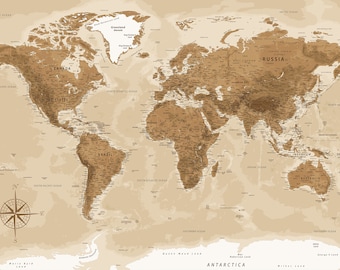 Gold and brown World Map digital download. Vintage styled high resolution map. Printable Map for posters, wallpapers, murals and prints