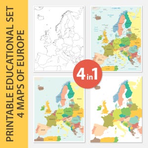 Digitales Set von 4 Europakarten - Politische Bunte Karten von Europa bereit zum Drucken Karte, Länder Europas, Kartenposter, Europakartedrucke