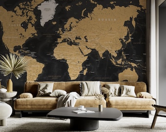 Mapa del mundo en negro y dorado, póster de alta resolución para pared (descarga digital)