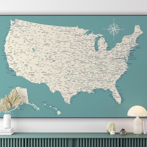Lámina artística con mapa de Estados Unidos: Estados Unidos detallado en tonos beige y azul (descarga digital)